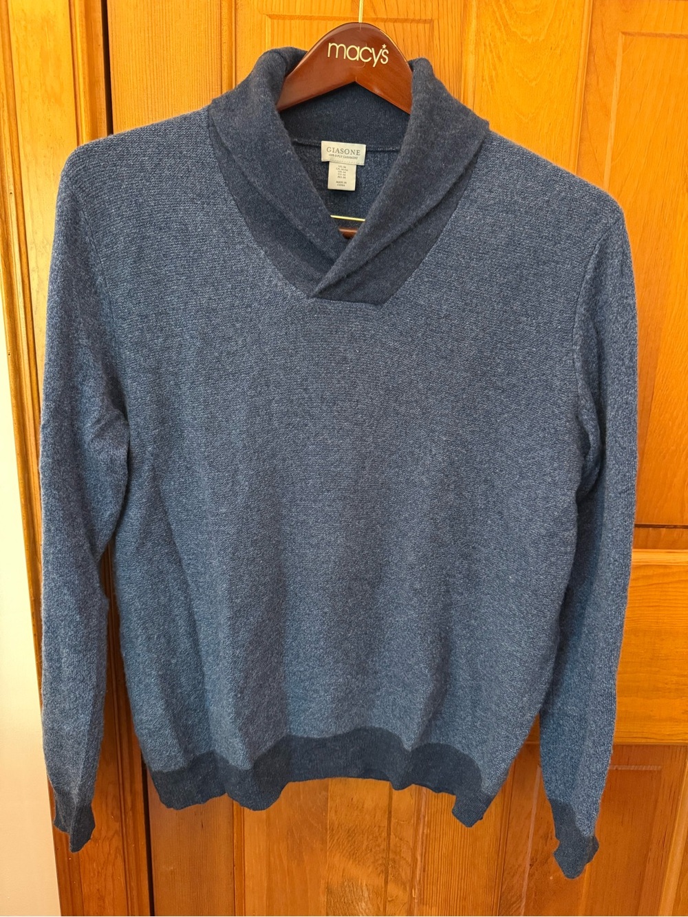 GIOSONE Men's V-Neck Shawl Collar 100% Cashmere Sweater - Blue
